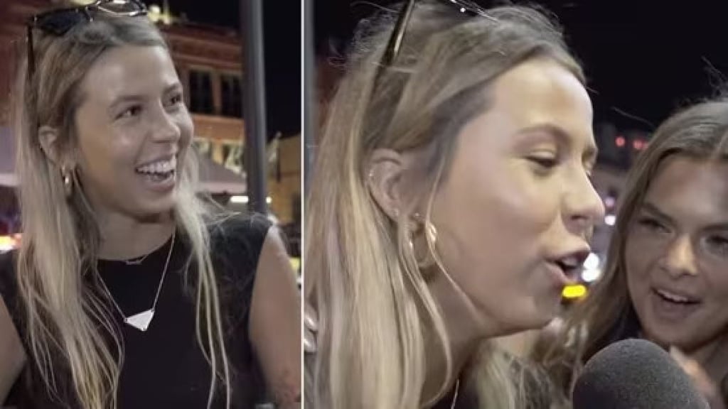 The now infamous “hawk tuah” girl giving her interview to Tim & Dee TV. Photo: @timanddeetv/Instagram