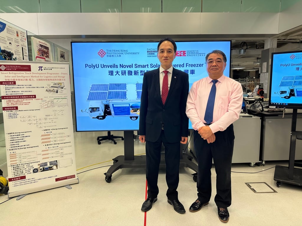 Eric Cheng, Professor of the Department of Electrical and Electronic Engineering at PolyU, and Eric Mak, CEO of Sunlight Eco-tech, at the launch of the solar-powered freezer truck Eric Cheng, Professor of the Department of Electrical and Electronic Engineering at PolyU, and Eric Mak, CEO of Sunlight Eco-tech, at the launch of the solar-powered freezer truck