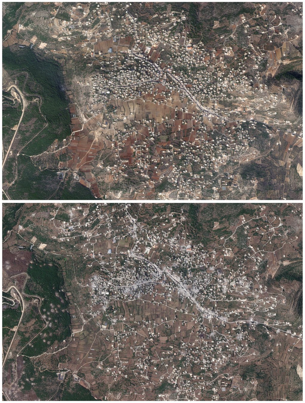 The Lebanese village of Aita al-Shaab near the Israeli border, taken on October 23, 2023, and the same area (bottom) on June 5, 2024. Photo: Planet Labs via Reuters The Lebanese village of Aita al-Shaab near the Israeli border, taken on October 23, 2023, and the same area (bottom) on June 5, 2024. Photo: Planet Labs via Reuters