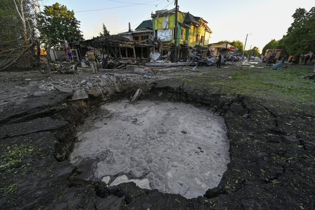 A crater that appeared after a Russian missile strike is seen in the town of Vilniansk, Ukraine, on Saturday. Photo: Reuters A crater that appeared after a Russian missile strike is seen in the town of Vilniansk, Ukraine, on Saturday. Photo: Reuters