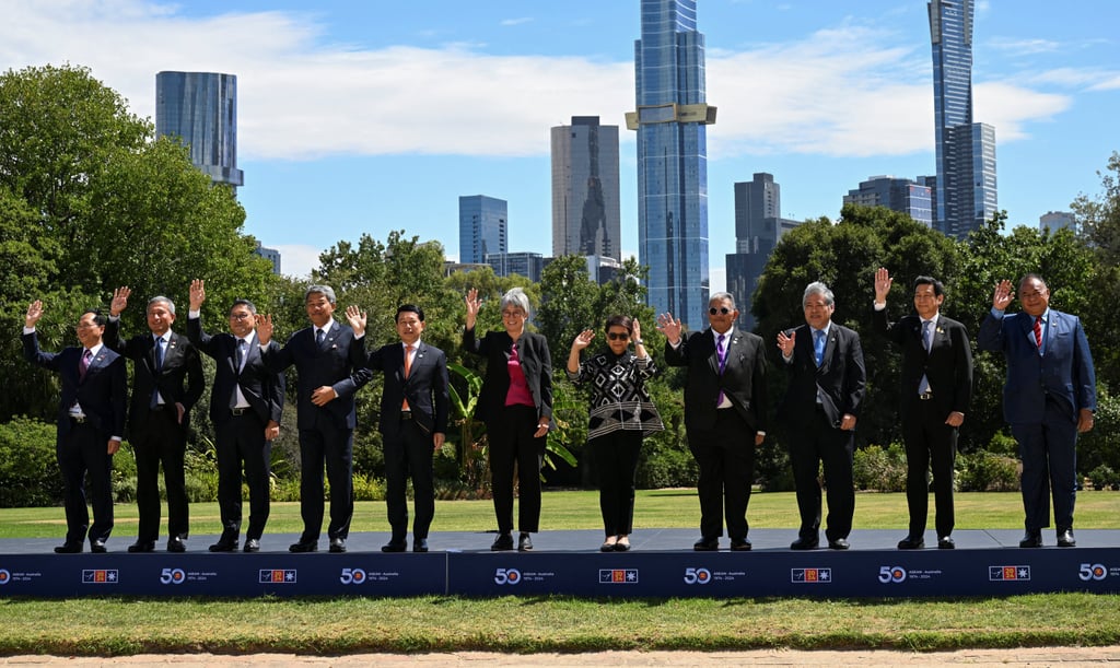 Foreign ministers and high-ranking diplomatic officials pose for a photo at Government House during the Asean-Australia Special Summit in Melbourne on March 6. Photo: Reuters