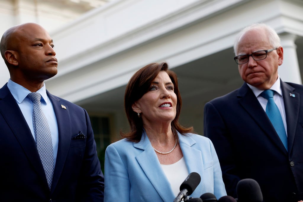 (From left) Governors Wes Moore of Maryland, Kathy Hochul of New York and Tim Walz of Minnesota speak to reporters after a meeting with US President Joe Biden at the White House on Wednesday. Photo: TNS