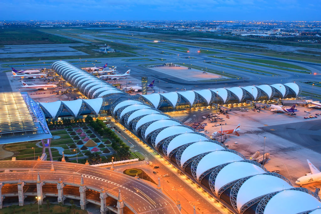 Suvarnabhumi Airport, the main international airport serving Thailand’s capital, Bangkok, is one of Asia’s major aviation hubs. Suvarnabhumi Airport, the main international airport serving Thailand’s capital, Bangkok, is one of Asia’s major aviation hubs.