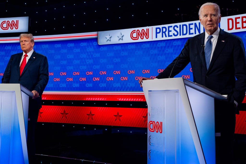 Joe Biden, right, and Donald Trump during a CNN debate on June 27. Photo: TNS
