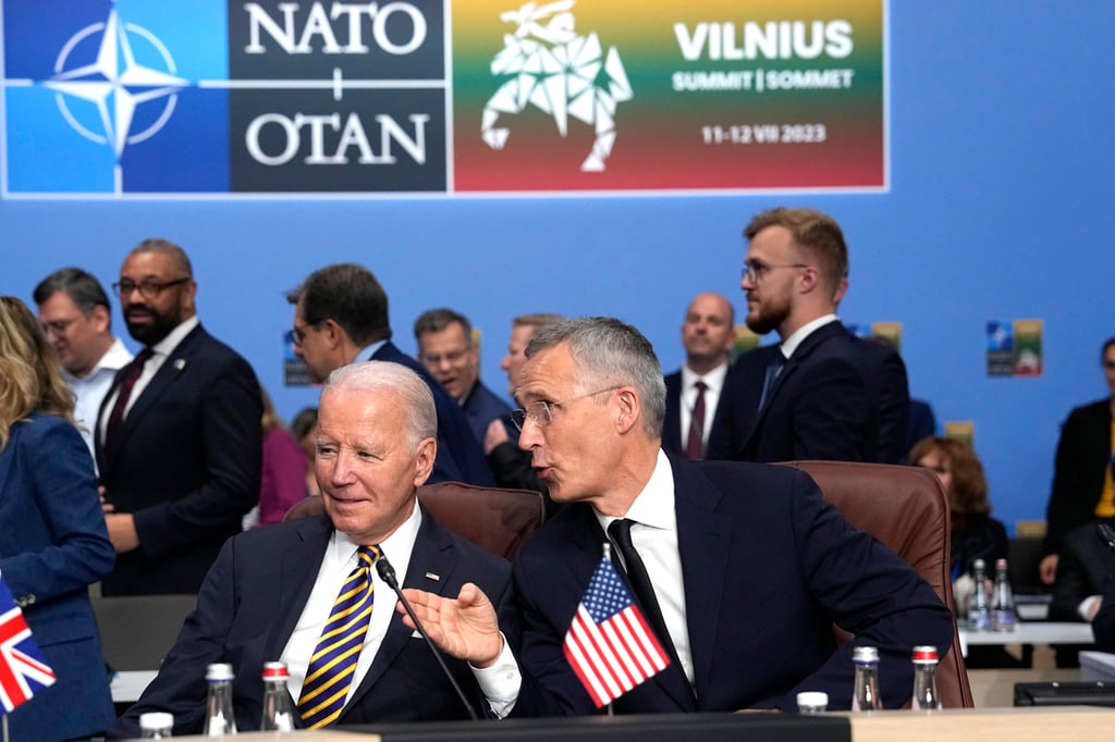 US President Joe Biden and Nato Secretary General Jens Stoltenberg during a Nato summit in Vilnius, Lithuania, in 2023. File photo: AP