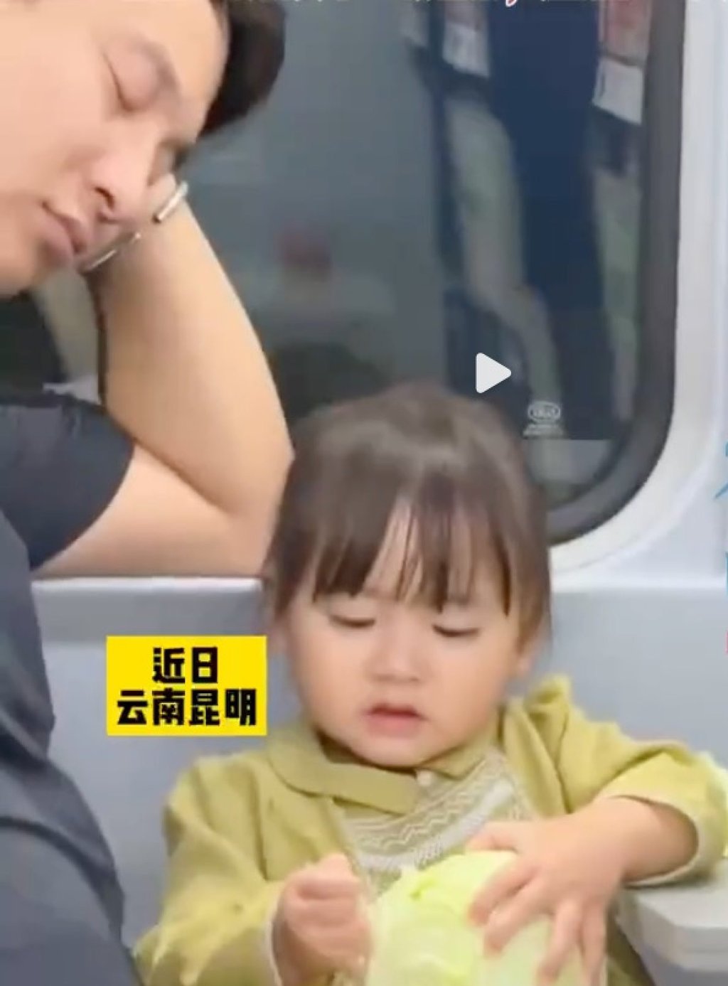 The little girl quietly peels the cabbage, allowing her father to sleep and keeping her fellow passengers happy. Photo: Weibo The little girl quietly peels the cabbage, allowing her father to sleep and keeping her fellow passengers happy. Photo: Weibo
