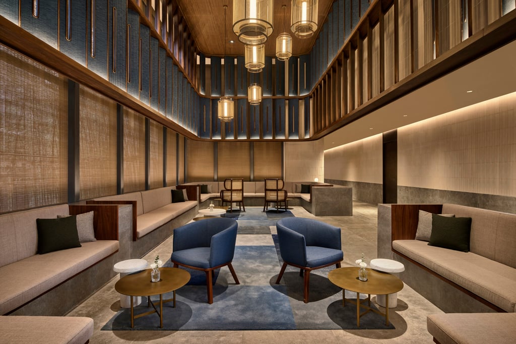 The hotel’s interiors feature a contemporary design that incorporates Shanghainese aesthetics, seen here in the lobby area. The hotel’s interiors feature a contemporary design that incorporates Shanghainese aesthetics, seen here in the lobby area.