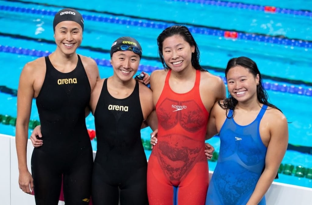 Singapore quartet (from left) Quah Ting Wen and sister Jing Wen, and sisters Letitia and Levenia Sim at the World Aquatics Championships in February, where they qualified for the Paris. Photo: Instagram/TeamSingapore Singapore quartet (from left) Quah Ting Wen and sister Jing Wen, and sisters Letitia and Levenia Sim at the World Aquatics Championships in February, where they qualified for the Paris. Photo: Instagram/TeamSingapore