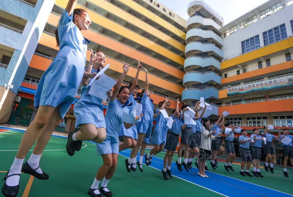 Principal Polly Chan (white top), celebrates with students at Yaumati Catholic Primary School (Hoi Wang Road). Photo: Jonathan Wong Principal Polly Chan (white top), celebrates with students at Yaumati Catholic Primary School (Hoi Wang Road). Photo: Jonathan Wong