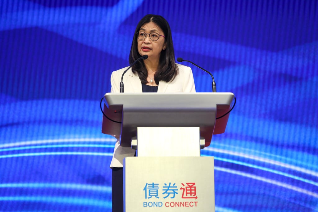 Julia LEUNG Fung-Yee, Chief Executive Officer of Securities and Futures Commission, speaks virtually at Bond Connect Anniversary Summit at HKEX Connect Hall in Central. Photo: Xiaomei Chen