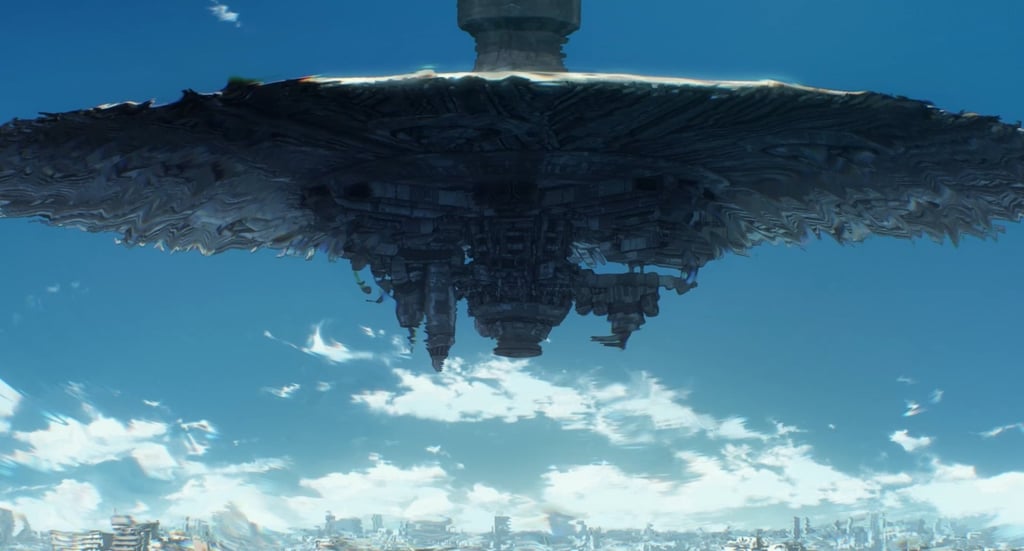 A still from Dead Dead Demon’s Dededede Destruction Part 1. The anime epic unfolds under the shadow of a giant spacecraft as aliens invade Tokyo. Photo: Inio Asano/Shogakukan/DeDeDeDe Committee