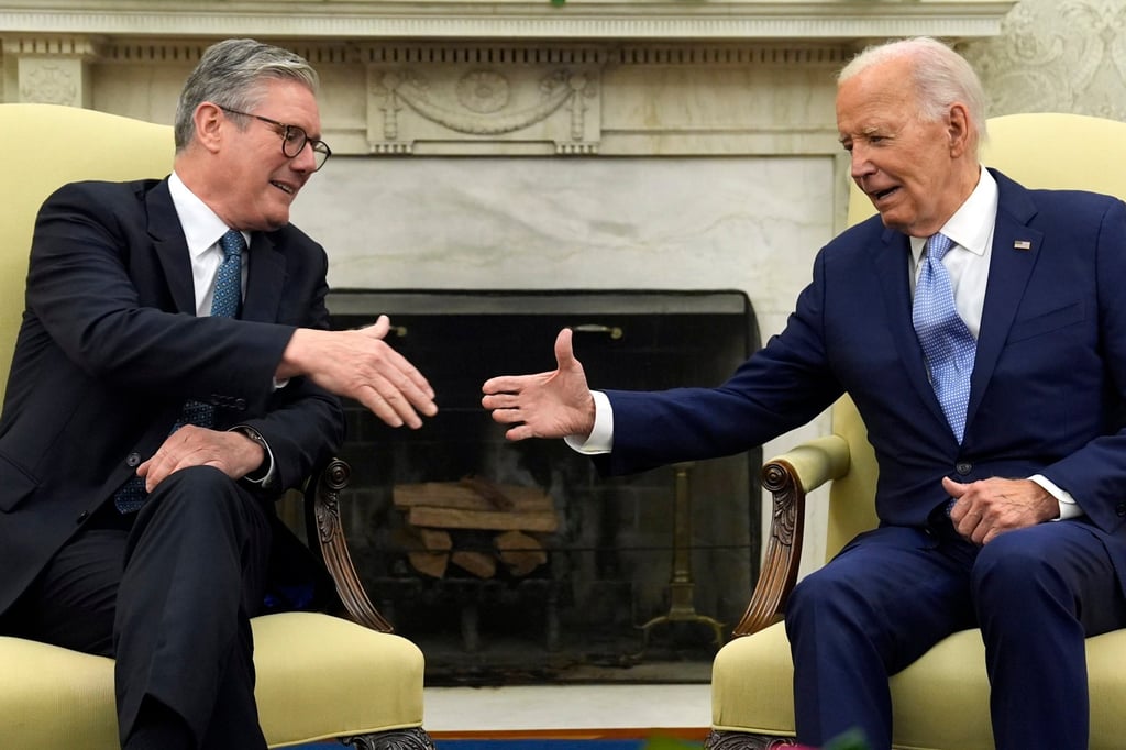 US President Joe Biden (right) shakes hands with British Prime Minister Keir Starmer in the Oval Office of the White House on Wednesday. Photo: AP US President Joe Biden (right) shakes hands with British Prime Minister Keir Starmer in the Oval Office of the White House on Wednesday. Photo: AP