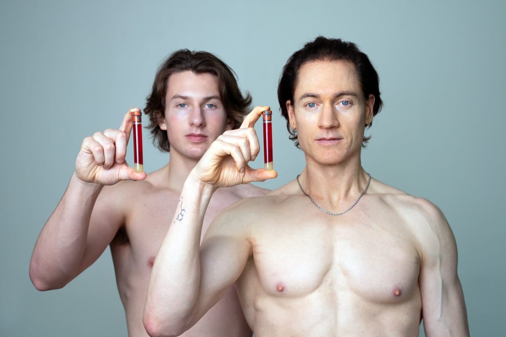 Johnson with his son Talmage with whom he swapped blood as part of his experiment in reversing his own ageing process. The transfusions ended when they were found to have no benefit. Photo: Bryan Johnson Johnson with his son Talmage with whom he swapped blood as part of his experiment in reversing his own ageing process. The transfusions ended when they were found to have no benefit. Photo: Bryan Johnson