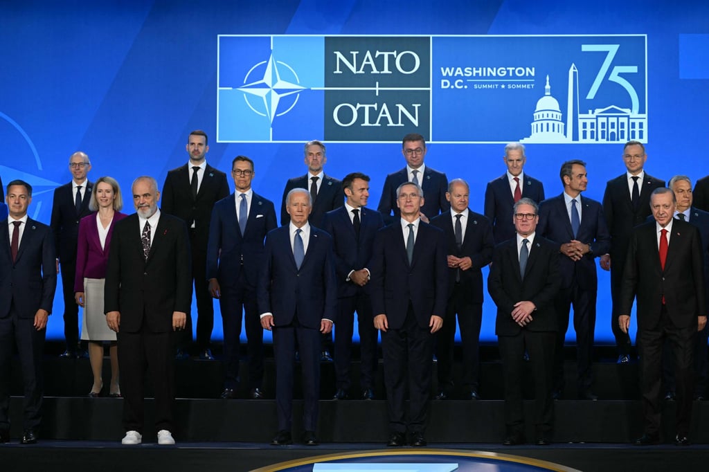 Nato heads of state pose for a family photo in Washington. Photo: AFP