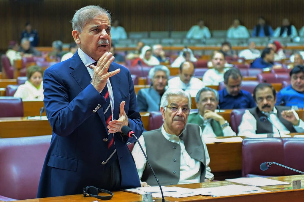 Pakistan’s Prime Minister Shehbaz Sharif (left) speaking during the budget session at the National Assembly in Islamabad in June. Photo: Pakistan’s Press Information Department (PID) / AFP
