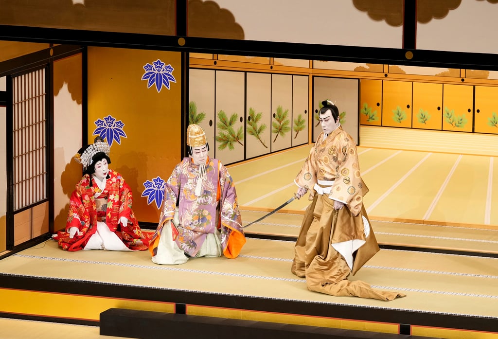 Danjuro Ichikawa (right) plays a samurai warrior in Hoshiawase Jusandan at the Kabukiza Theatre in Tokyo. Photo: Shochiku via AP