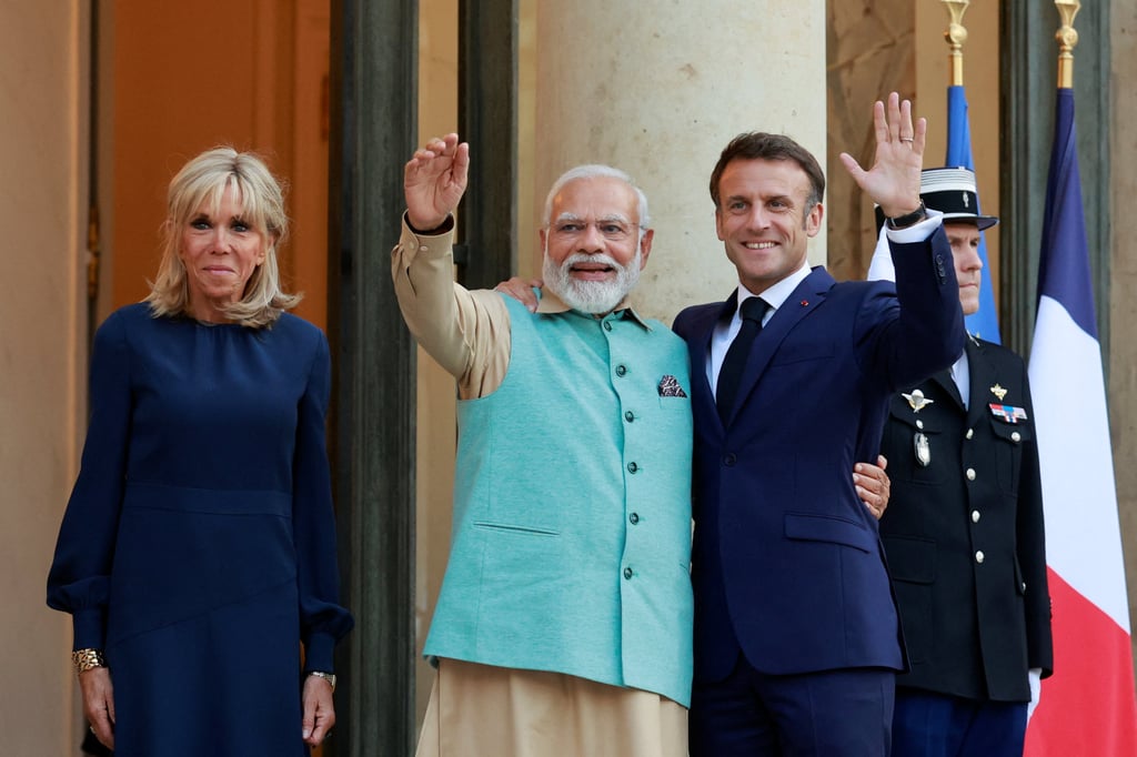 French President Emmanuel Macron and his wife Brigitte Macron welcome Indian Prime Minister Narendra Modi at the Elysee Palace, in Paris, France on July 13, 2023. Photo: Reuters French President Emmanuel Macron and his wife Brigitte Macron welcome Indian Prime Minister Narendra Modi at the Elysee Palace, in Paris, France on July 13, 2023. Photo: Reuters