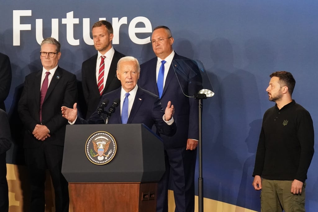 Britain’s Prime Minister Keir Starmer (left) and Ukrainian President Volodymyr Zelenskyy (right) look on as US President Joe Biden speaks. Photo: dpa