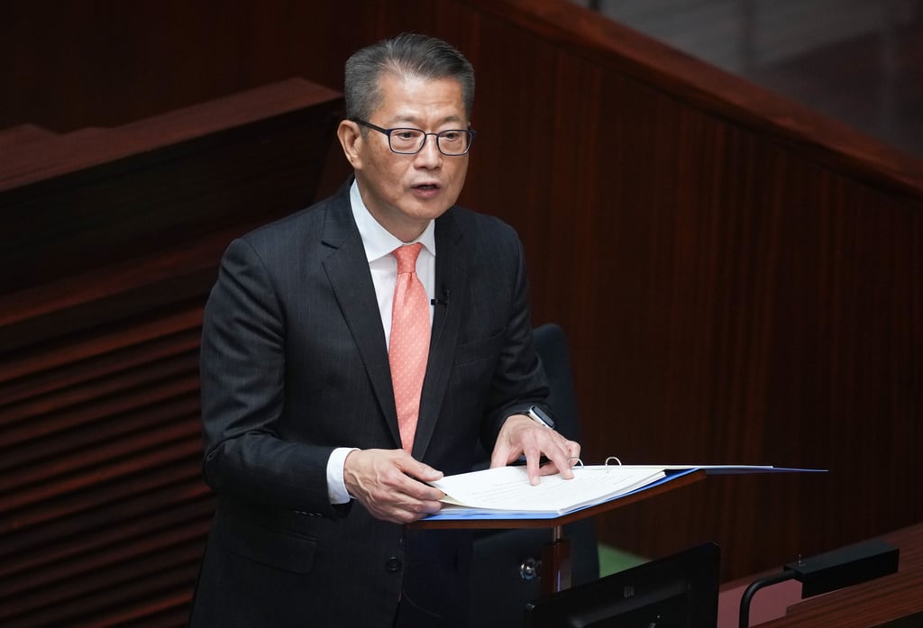 Financial Secretary Paul Chan Mo-po delivers the speech of Budget 2024 at Legco Chamber, Admiralty. He said that the government would issue HK$120 billion worth of bonds in the 2024-2025 financial year, including HK$20 billion for green bonds and infrastructure bonds. Photo: Sam Tsang Financial Secretary Paul Chan Mo-po delivers the speech of Budget 2024 at Legco Chamber, Admiralty. He said that the government would issue HK$120 billion worth of bonds in the 2024-2025 financial year, including HK$20 billion for green bonds and infrastructure bonds. Photo: Sam Tsang