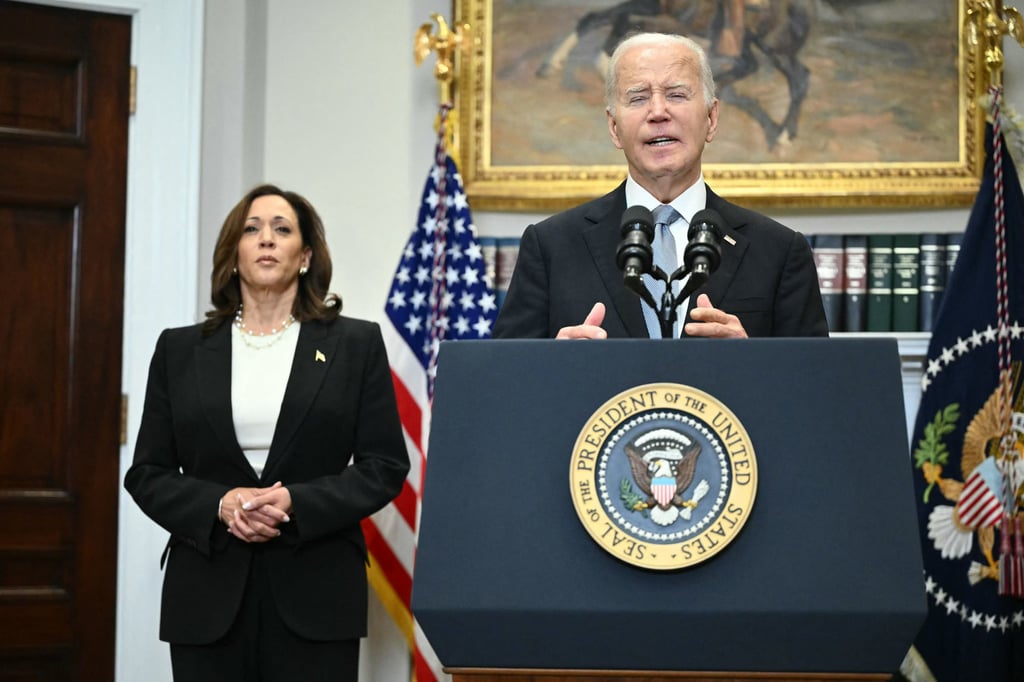 US President Joe Biden speaks from the Roosevelt Room of the White House as Vice-President Kamala Harris looks on in Washington on Sunday, one day after former president Donald Trump survived an apparent assassination attempt. Photo: TNS US President Joe Biden speaks from the Roosevelt Room of the White House as Vice-President Kamala Harris looks on in Washington on Sunday, one day after former president Donald Trump survived an apparent assassination attempt. Photo: TNS