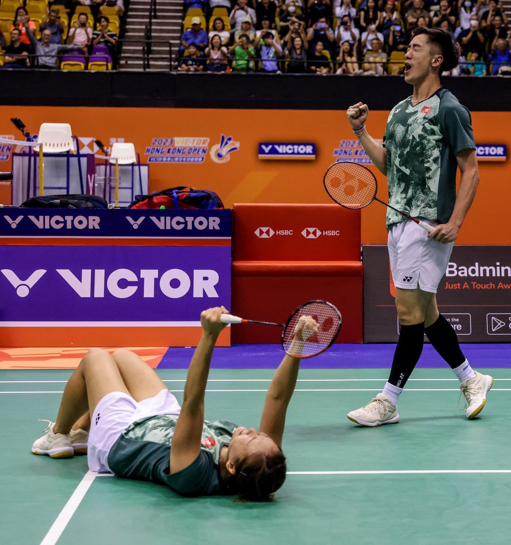 Hong Kong’s Tse Ying-suet (front) and Tang Chun-man celebrate after beating France’s Thom Gicquel and Delphine Delrue at the Hong Kong Open. Photo: Yik Yeung-man Hong Kong’s Tse Ying-suet (front) and Tang Chun-man celebrate after beating France’s Thom Gicquel and Delphine Delrue at the Hong Kong Open. Photo: Yik Yeung-man