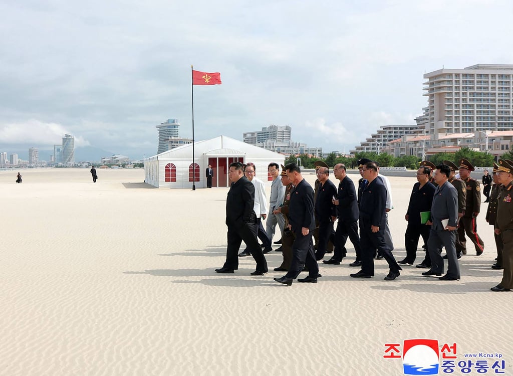 North Korean leader Kim Jong-un inspects construction project of the Wonsan Kalma coastal tourist area in North Korea’s Gangwon Province. Photo: KCNA via KNS/AFP North Korean leader Kim Jong-un inspects construction project of the Wonsan Kalma coastal tourist area in North Korea’s Gangwon Province. Photo: KCNA via KNS/AFP