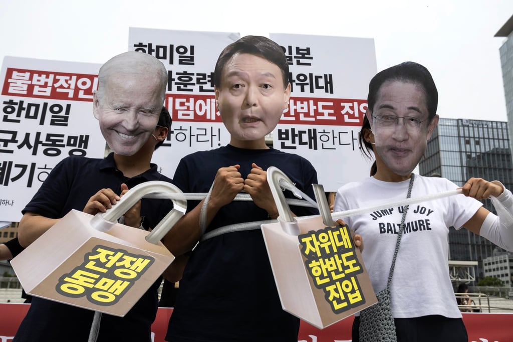 Members of the Movement for One Korea protest against the “Freedom Edge” exercise between the US, South Korean and Japanese military forces, outside the US embassy in Seoul on June 27. Photo: EPA-EFE Members of the Movement for One Korea protest against the “Freedom Edge” exercise between the US, South Korean and Japanese military forces, outside the US embassy in Seoul on June 27. Photo: EPA-EFE