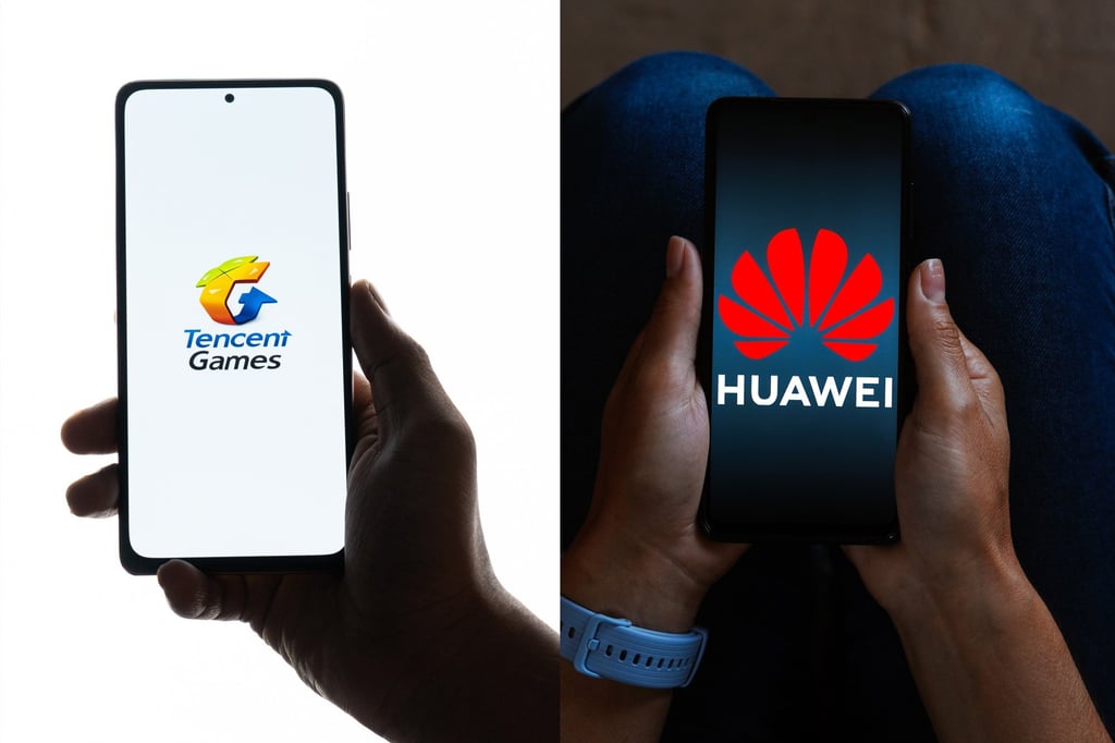 The Tencent Games logo (left) and Huawei logo are show on smartphone screens. Photo: Shutterstock Images