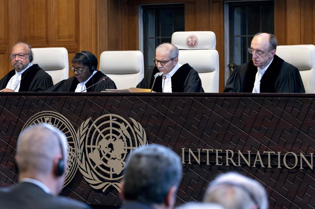 Judge and President of the International Court of Justice, Nawaf Salam (second from right) delivers a non-binding ruling on the legal consequences of the Israeli occupation. Photo: AFP Judge and President of the International Court of Justice, Nawaf Salam (second from right) delivers a non-binding ruling on the legal consequences of the Israeli occupation. Photo: AFP