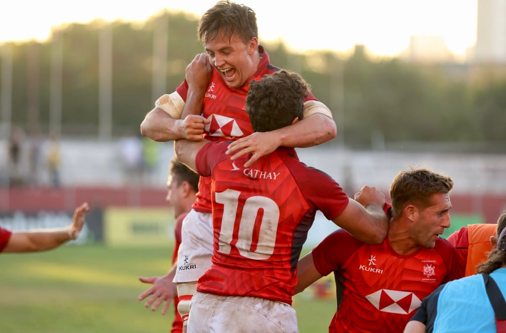 Jubilant Hong Kong players celebrate their last-gasp success in Brazil. Photo: Hong Kong China Rugby