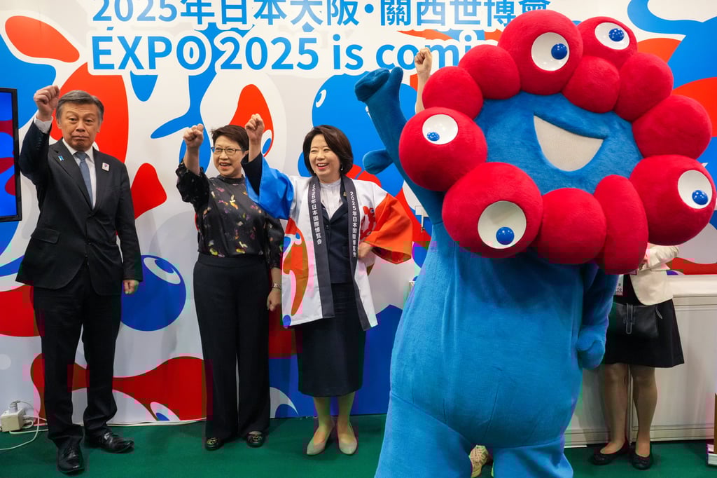 Hanako Jimi (in white kimono), Japan’s minister in charge of the World Expo 2025, promotes the event at the Hong Kong Book Fair in Wan Chai. Photo: May Tse