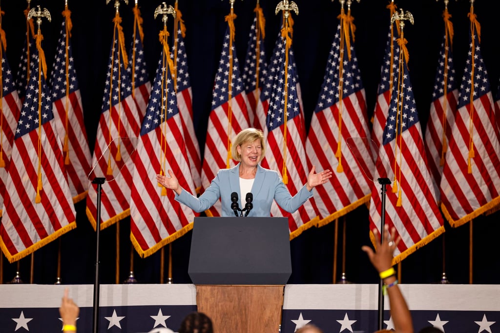 US Senator Tammy Baldwin addresses the crowd in Milwaukee on Tuesday. Photo: EPA-EFE