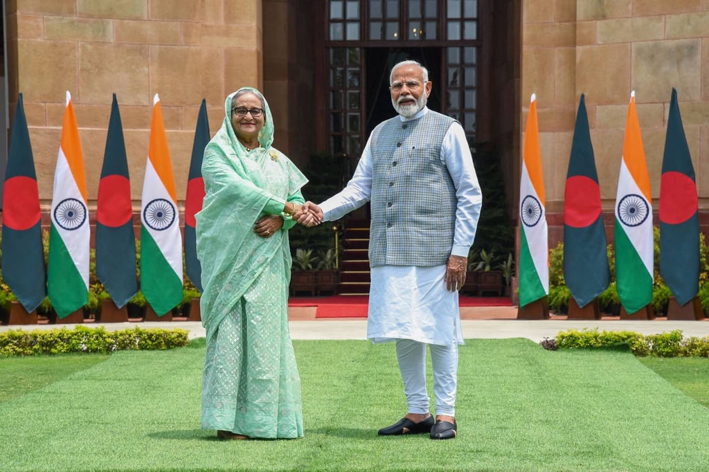 India’s Prime Minister Narendra Modi shaking hands with his Bangladeshi counterpart Sheikh Hasina upon their arrival at the Hyderabad house in New Delhi in June. Photo: Indian Press Information Bureau (PIB) / AFP