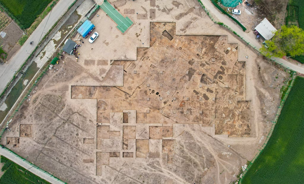 The discoveries shed light on the layout of the ancient city, shown here in an aerial drone photo taken on March 23. Photo: Handout via Xinhua