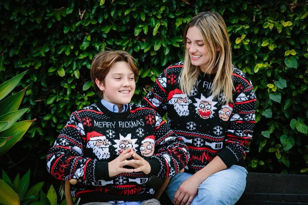 Spencer Grammer with her son, Emmett, wearing matching sweaters for Christmas 2023.