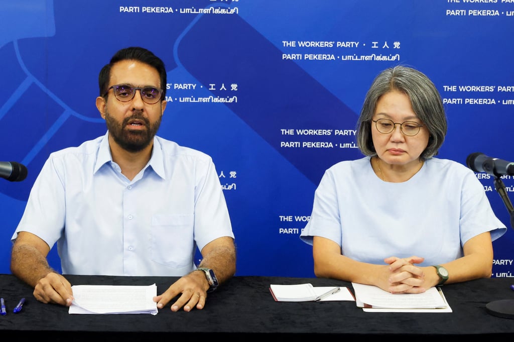 Workers’ Party chairman Sylvia Lim and Secretary-General Pritam Singh at press conference at their headquarters in Singapore in July 2023. Photo: Reuters