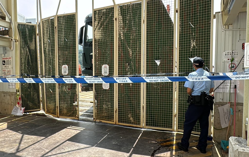 The Lai Kong Street worksite in Kwai Chung cordoned off by police after the dump truck diver’s death. Photo: Handout The Lai Kong Street worksite in Kwai Chung cordoned off by police after the dump truck diver’s death. Photo: Handout