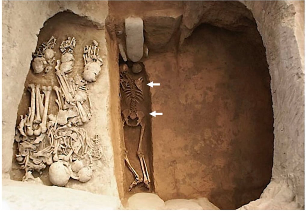 The team theorised that the individual may have been sacrificed to honour the tomb’s inhabitants, above, suggesting that the occupants were considered to hold greater social value than the victim. Photo: The Poetics of Violence in Afroeurasian Bioarchaeology The team theorised that the individual may have been sacrificed to honour the tomb’s inhabitants, above, suggesting that the occupants were considered to hold greater social value than the victim. Photo: The Poetics of Violence in Afroeurasian Bioarchaeology