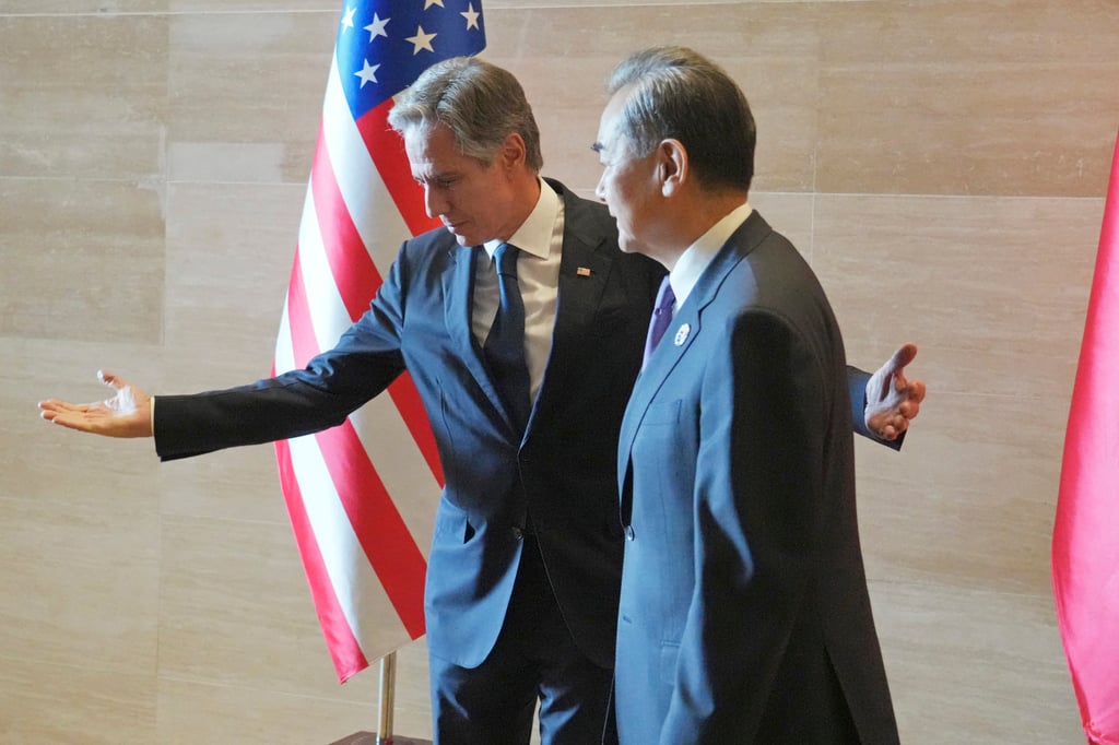 Chinese Foreign Minister Wang Yi and US Secretary of State Antony Blinken ahead of their meeting on Saturday in Vientiane, Laos. Photo: AP