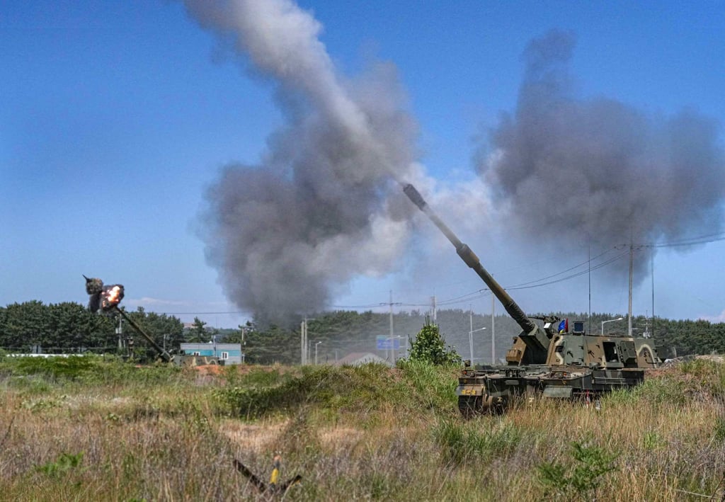 South Korea’s K9 155mm self-propelled howitzer firing during a live-fire drill at an undisclosed island near the western inter-Korean border in June. Photo: Handout / South Korean Defence Ministry / AFP