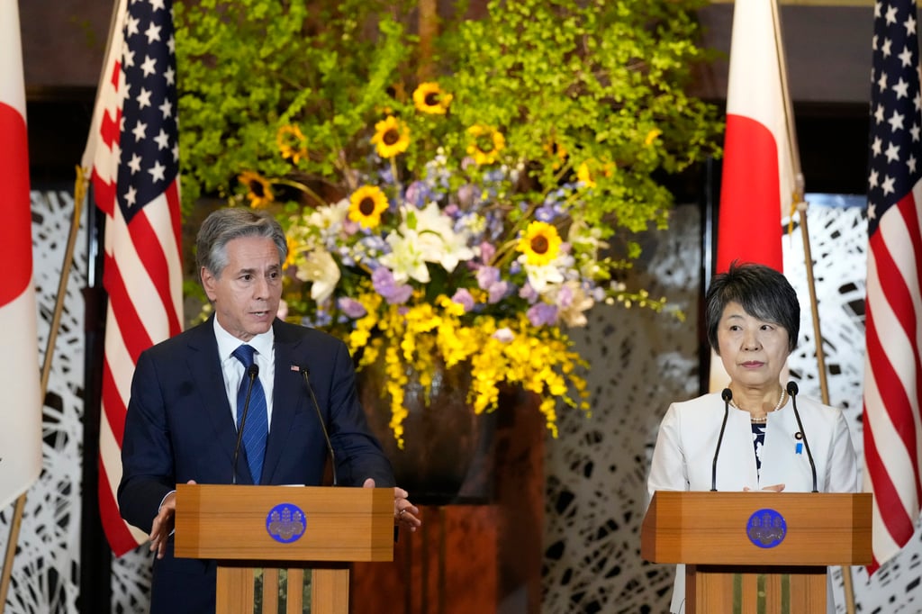 US Secretary of State Antony Blinken speaks during a joint news conference with Japanese counterpart Yoko Kamikawa, in Tokyo on Sunday. Photo: AP