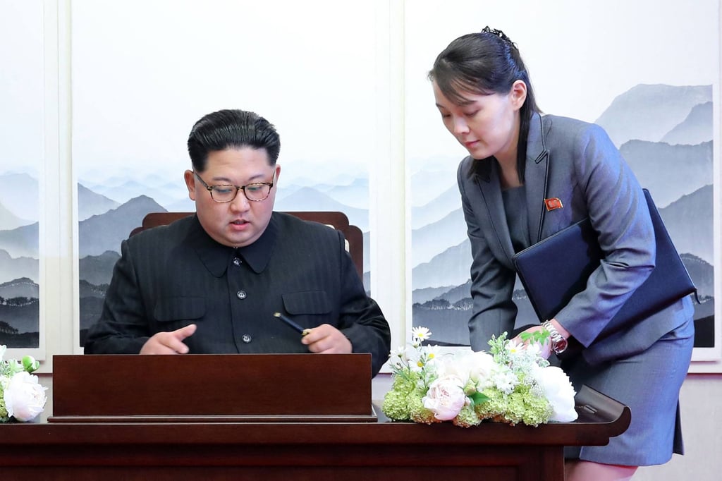 North Korea’s leader Kim Jong-un with his sister Kim Yo-jong during an inter-Korean summit at the Peace House building on the southern side of the truce village of Panmunjom in April 2018. Photo: Korea Summit Press Pool / AFP