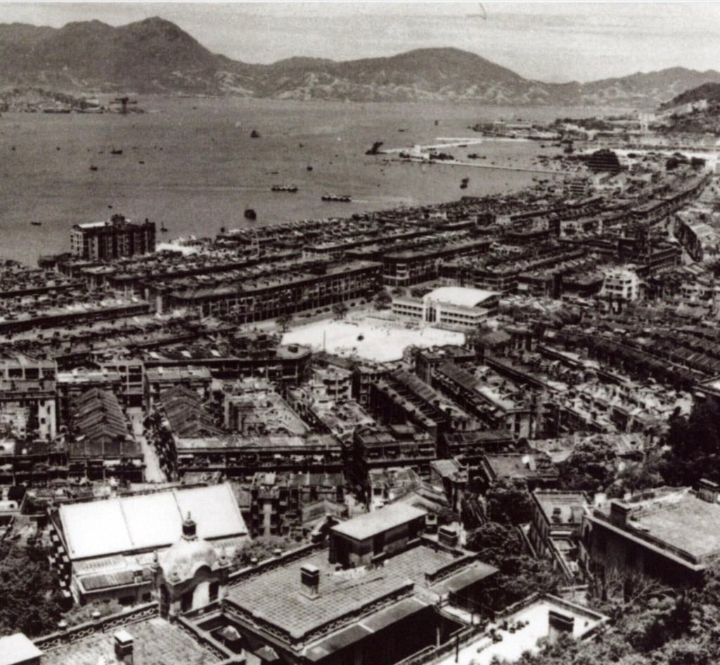 A photograph taken around 1950 shows Southorn Playground nestled among rows of tenement houses in Hong Kong’s Wan Chai neighbourhood. Photo: Hong Kong Public Libraries