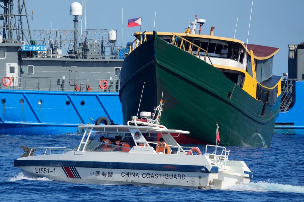 A Philippine resupply vessel on its way to Second Thomas Shoal on May 4 is intercepted by the Chinese coastguard. Photo: AP