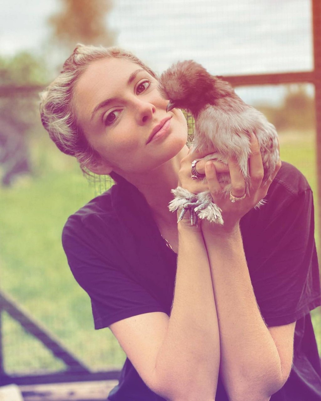 Tamsin Egerton with her pet chickens. Photo: @tamsinegertonofficial/Instagram