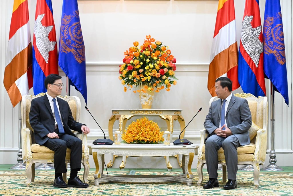 Chief Executive John Lee (left) and Cambodian Prime Minister Hun Manet after a series of memorandums of understanding designed to boost links between the two jurisdictions were signed. Photo: Handout