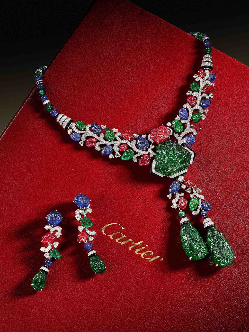 This “tutti-frutti” set from Cartier – including ear clips and a necklace with a 50.44-carat emerald, a 10.15-carat ruby and two emerald drops weighing 71.22 carats – sold at Sotheby’s Hong Kong for HK$21 million (US$2.69 million) in April 2023. Photo: Handout