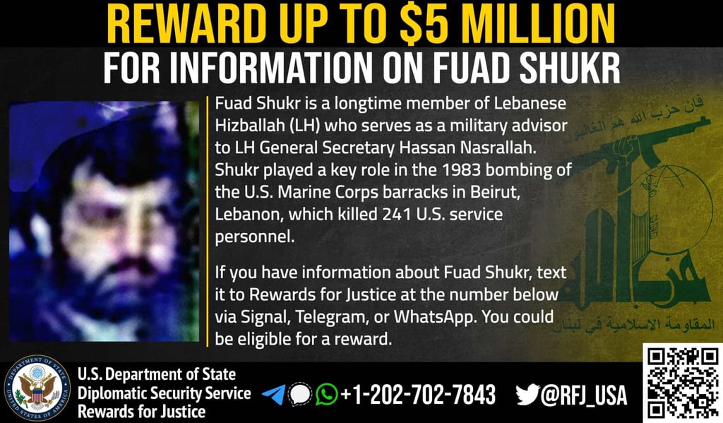 Information on Hezbollah military commander Fuad Shukr. Photo: Rewards for Justice / US Department of State / AFP