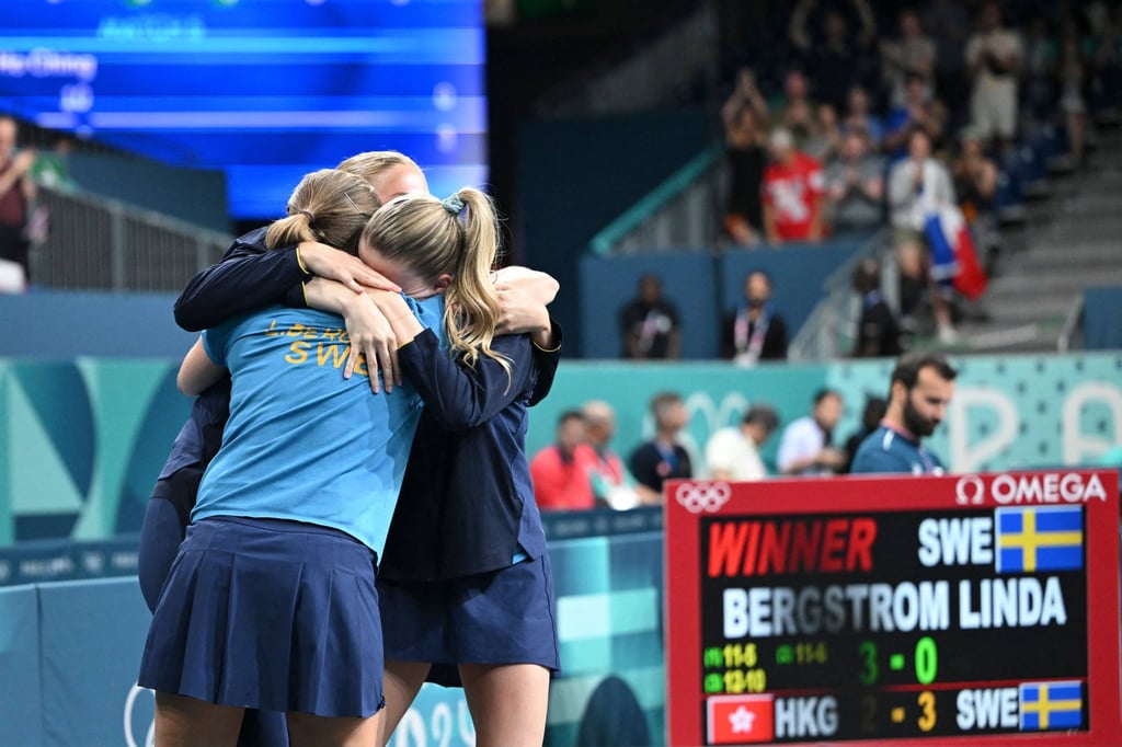 Sweden’s players celebrate winning the round of 16 match against Hong Kong 3-2 on Tuesday. Photo: AFP Sweden’s players celebrate winning the round of 16 match against Hong Kong 3-2 on Tuesday. Photo: AFP