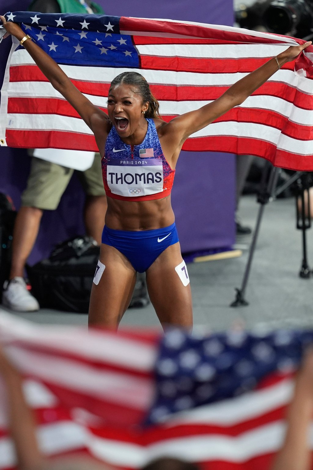 Gabby Thomas celebrates her win in the women’s 200m. Photo: AP Gabby Thomas celebrates her win in the women’s 200m. Photo: AP